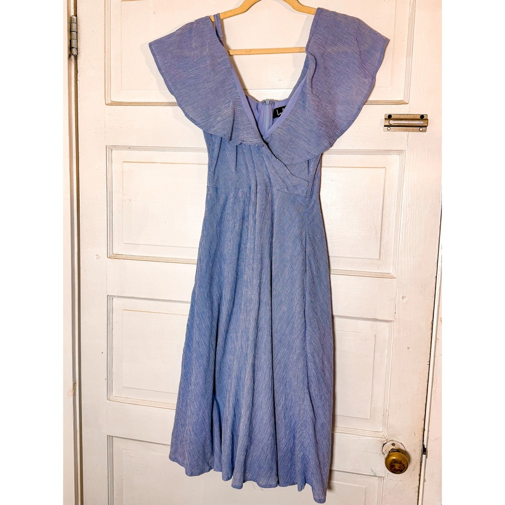 Lulus Blue White Striped Ruffle Midi Dress Womens Medium A-Line Cap Sleeve